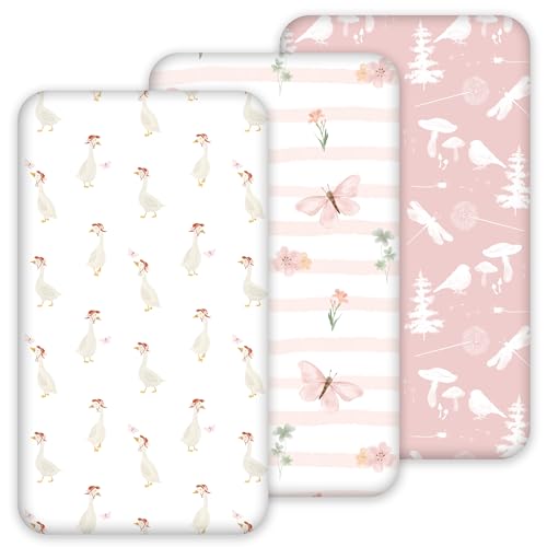 Image of Nap Mat Sheet 47 inchx24 inch, 3 Pack Pink Floral Baby Crib Sheets Fitted Elastic Corners, Preschool Day Care Rest Mat Cover, Soft Breathable - Compatible with Regalo My Cot, Joovy Travel Cot