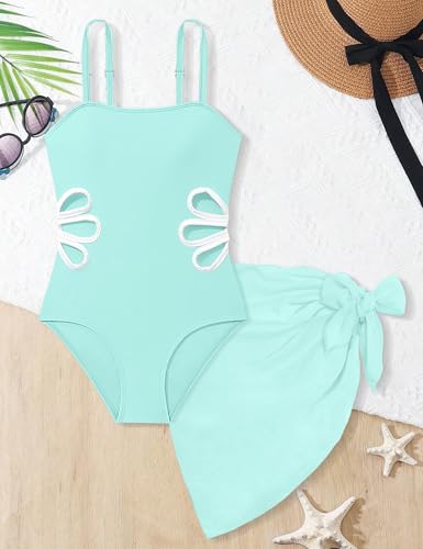 Image of Girls Swimsuit Adjustable Straps Cut Out One Piece Bathing Suit with Solid Color Cover Up Skirt Girls' Swimwear 5-16Y