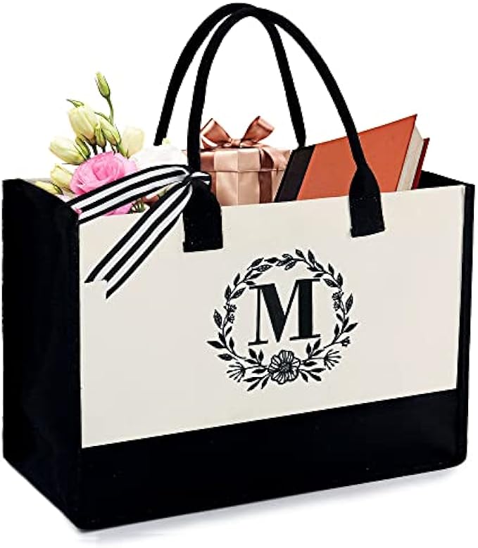 BeeGreen 13OZ Canvas Initial Tote Bag with Zipper Pocket Embroidery Monogrammed Personalized Birthday Gifts for Women