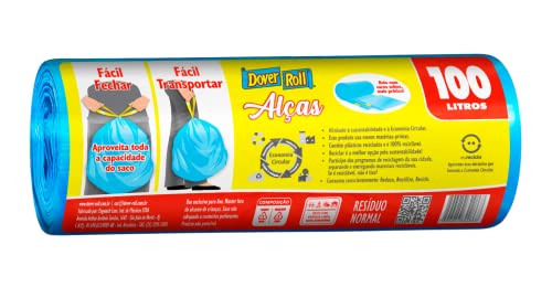 Saco para Lixo Super Forte com Alças, Rolo com 10 sacos, 100 litros, 75x93cm, Azul, Dover-Roll