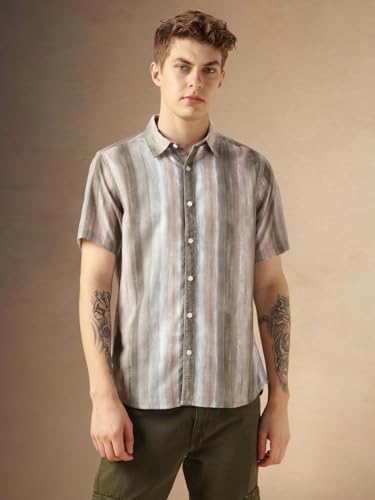 Image of Dennis Lingo Men's Brown Cotton Spread Collar Short Sleeves Printed Shirts