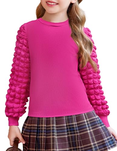 Arshiner Girls T Shirts Puff Long Sleeve Fall Shirts Fashion Crewneck Ribbed Knit Tops Tee Blouse Rose Red 3-4 Years