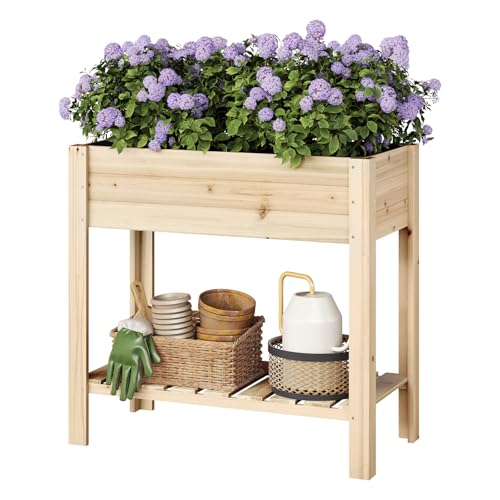 WOLTU Aiuola Rialzata in Legno 80x75x40 cm, con Vaso per Fiori, Ripiano e Rivestimento Idrorepellente, per Orto ed Erbe Aromatiche, adatta a Balcone, Giardino, Terrazzo ed Esterni, Colore del legno