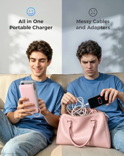 Image of VEGER Portable Charger with Built-in AC Plug and Cables, All in One 10000mAh Ultra Slim Power Bank Travel Essentials, USB C External Battery Pack Compatible with iPhone, Samsung, More, Dark Pink