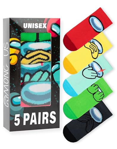 Among Us Crewmates Multicoloured Socks | 5 Pairs of Fun Graphic Designs for Boys | Comfortable & Playful Game Merchandise | Red Yellow Green Blue & Black Character Apparel