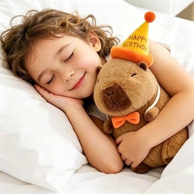 Capybara Peluche, 25cm Bambola di Peluche Giocattolo Peluche Capibara con Cappello da Compleanno Simpatico Pupazzo Cuscino Farciti Bambola Regali di Compleanno di Natale per Bambini