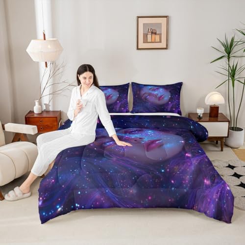 Image of Erosebridal 3D Japanese Girl Comforter Set with Glitter Stars Decorations Galaxy Bedding Full Size 3 Pieces Anime Decor Down Comforter, Fashion Anime Gifts for Girls Duvet Set with 2 Pillowcases