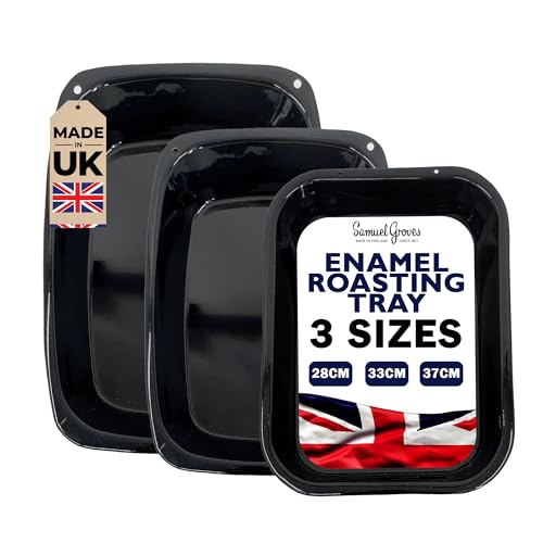Samuel Groves - Juego de 3 bandejas para asar esmaltadas vítreas – 37 cm, 33 cm / 28 cm, fabricadas en Inglaterra por Chabrias LTD, color negro, GBB004/SET