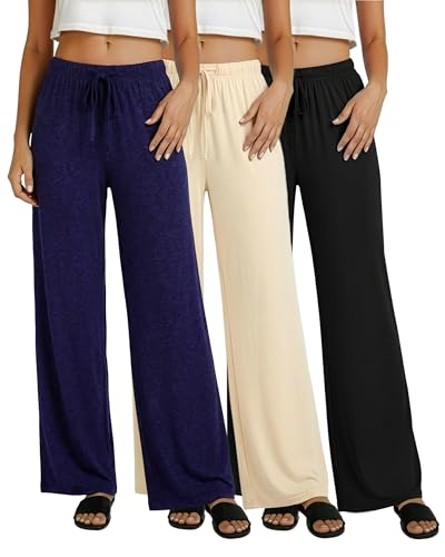 Image of Real Essentials 3 Pack: Women's Soft Palazzo Pants - Wide Leg Yoga Casual Loungewear Pajama Pj Bottoms (Plus Available)