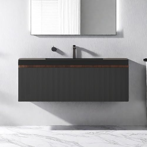 Image of Wall Mounted Bathroom Sink Vanity, Modern 42 inch Floating Vanity with Resin Top Basin Sink and U-Shaped Soft-Close Storage Drawer, Striped Bathroom Storage Cabinet with Invisible Handle, Black