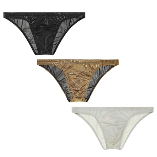 Mens Solid Contour Pouch Sexy Briefs Imitation Leather Underwear Shiny Metallic Underpants 1-3 Pack