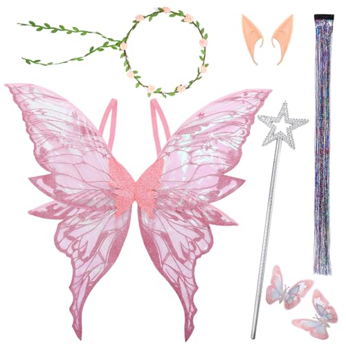 Disfraz de alas de hada con alas de mariposa, alas de princesa para niños y mujeres con orejas de elfo, corona de flores, alas de hadas, varita de hadas, para cumpleaños, Navidad, carnaval, cumpleaños
