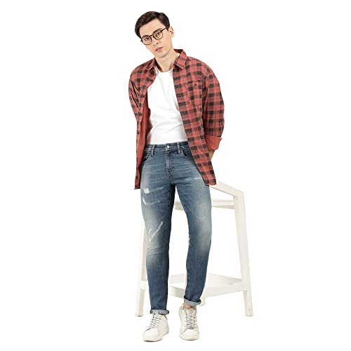 Image of Everblue Men Solid Stretchable Blue Tapered Slim Fit Heavy Fade Midrise Jeans