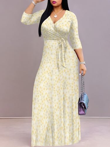 Image of Women's V Neck Floral Maxi Dress 3 /4 Sleeve Plus Size Boho Wrap Flowy Long Dresses with Belt