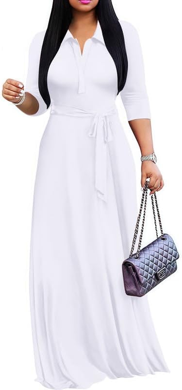 Maxi Dresses for Women Casual V Neck 3/4 Sleeve Long Church Dress Semi Formal Outfits with Pockets