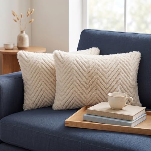 Image of Wakefit Designer Cushion Cover | 12x18 inch | Plush Fur Feel | Velvet Fabric | Machine Washable | Pack of 2 | Fur Beige