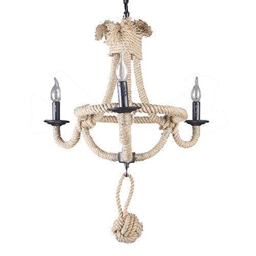 Suspension grange rétro 3 lumières en corde de chanvre durable pour grand salon