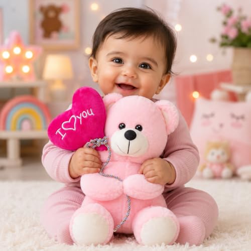 Image of Plush Teddy Bear with Pink 'Happy Birthday' Balloon, 20 cm, Soft Velvety Material