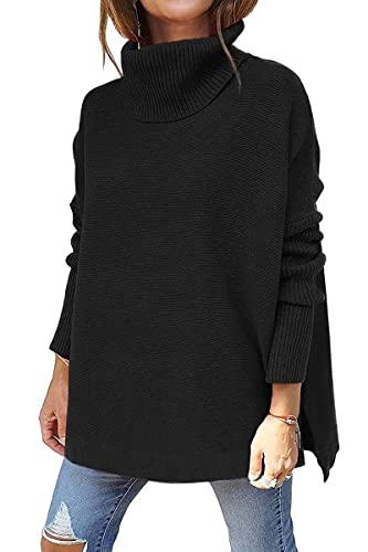 FANGJIN Pull Femme Chic et Original Femmes Col Ras du Cou Pulls Tricots Pull à Manches Longues Pull Slim Fit Hauts en Tricot Dame col Haut Bureau Pulls Noir X-Large Cover