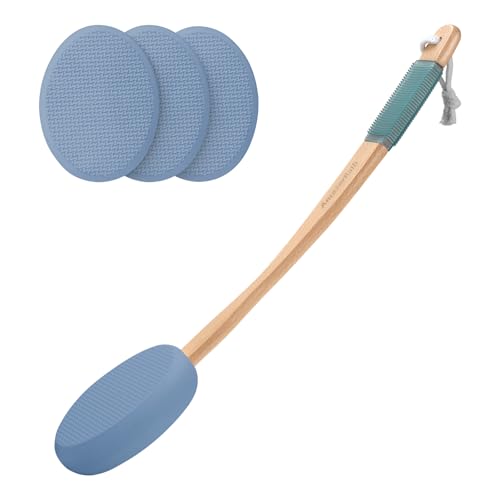 Image of AmazerBath Lotion Applicator for Back, Feet, 4 Replacement Pads with 17 inch Curved Handle, Back Sunscreen Applicator for Kids, Elderly, Women, Apply Skin Cream Medicine Moisturizer Tanner, Slate Blue
