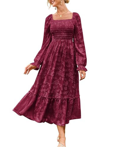 GRACE KARIN 2025 Women's Long Sleeve Floral Wedding Guest Dress,Square Neck Boho Maxi Dress, Flowy Elegant Fall Dress