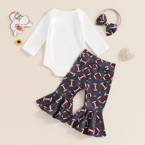 BULINGNA Infant Baby Girl Football Season Outfit Set Love Bodysuit Romper Football Flared Pants with Headband Fall Clothes2