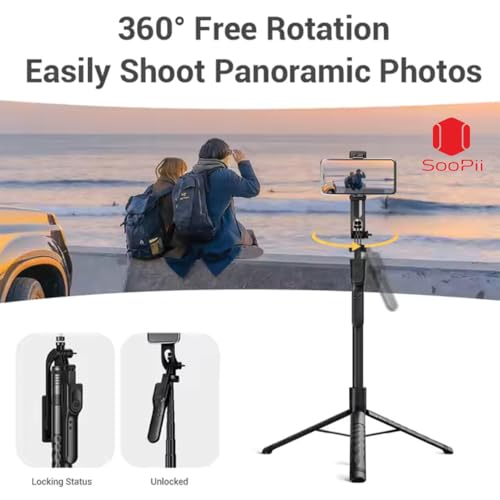 Image of Soopii 69-Inch Longest 360 Rotating Phone Gimbal Tripod Stand, Extendable 3 Legs Tripod with Bluetooth Selfie Stick, Stick for Video Shoot, Travel Tripod, Selfie Stand for iPhone /Gopro /Phone /Camera