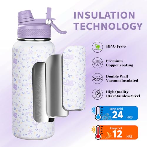 Image of 32 oz Insulated Water Bottle with Leak-proof 2-in-1 Straw and Spout Lid,Stainless Steel Sports Water Bottle with Handle,Double Wall Vacuum Metal Water Flask for Travel Camping School(Purple flower,1)