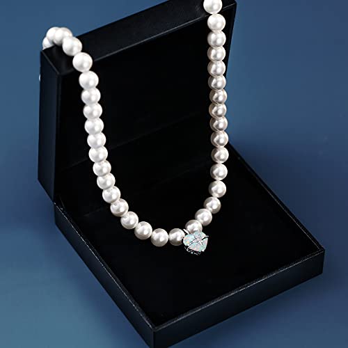 October Birthstone Necklace Fanicme 9Mm Pearl Necklace With Charm In Sterling Silver Created Opal Necklace Simulated Shell Pearl Strand Heart Pendant Fine Jewelry For Women 18 Inches String #TOP6