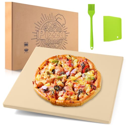 NumRise Pizza Stone 30.5×30.5 cm Square Pizza Stone for Oven and Grill Heavy Duty Cooking Stone Includes Free Plastic Scraper Silicone Brush Cordierite Baking Stone for Pizza Bread BBQ