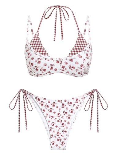 Image of ZAFUL Women's Polka Dot Bikini Set Double Layer Halter Swimsuit Colorblock Side Tie 2 Piece Bathing Suit