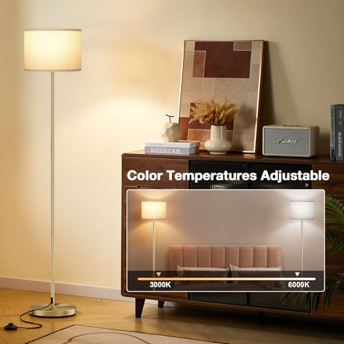 Image of Ambimall 60'' Modern Floor Lamp with Remote, Tall Lamps for Living Room, Bedroom, Office, Dining Room, Beige Shade with Gold Pole(Included Bulb)