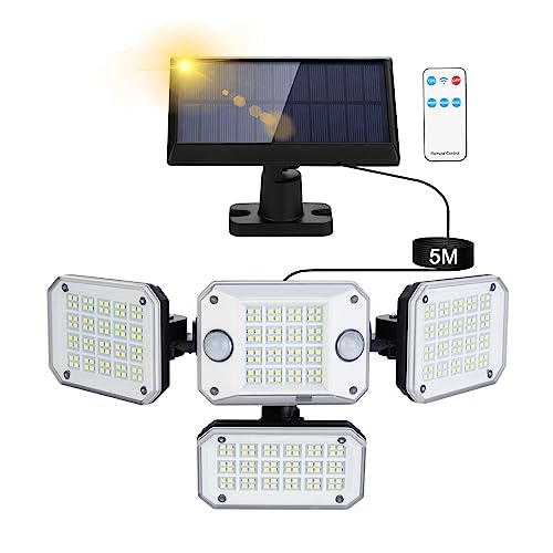 Solarlampen für Außen mit Bewegungsmelder - 296 LED Solar Strahler 3500LM 7000K Solarleuchte 3 Modi mit Fernbedienung IP65 Wasserdicht Solar Aussenleuchte für Terrasse Garage Hof Garten mit 5m Kabel