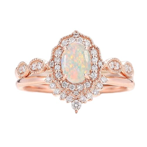 Opal Wedding Ring Sets for Women 1 Carat Oval Opal Bridal Ring Set S925 10k 14k 18k Unique Opal Jewelry