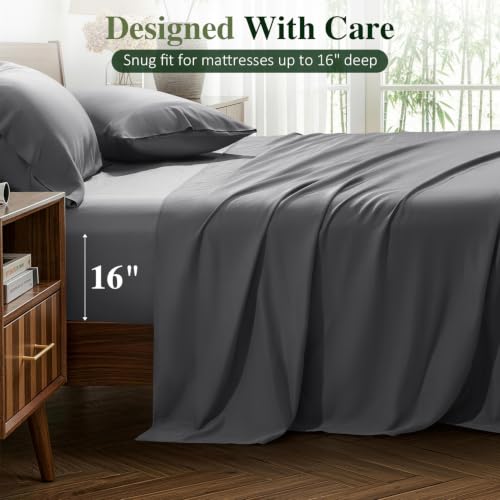 Image of 100% Organically Grown Bamboo Viscose King Sheet Set with Pockets on Side | Hotel Luxury Bed Sheets Set, Deep Pocket Up to 16 Inches, Ultra Soft Cooling Sheets 4pcs (Grey)