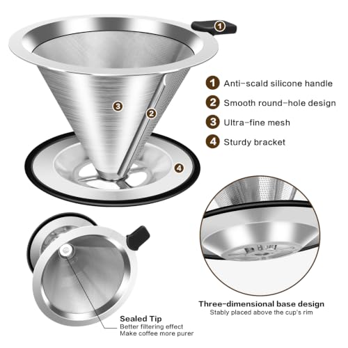 Image of Large Size Pour Over Coffee Dripper, Stainless Steel Coffee Filter, Paperless Reusable Coffee Filter, Double Micromesh 600 Mesh Strainer Coffee Maker with Heat-Resistant Silicone Handle & Base