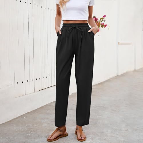 Women's Linen Summer Pants Casual Drawstring Straight Leg Beach Trousers with Pockets Vacation Clothes4