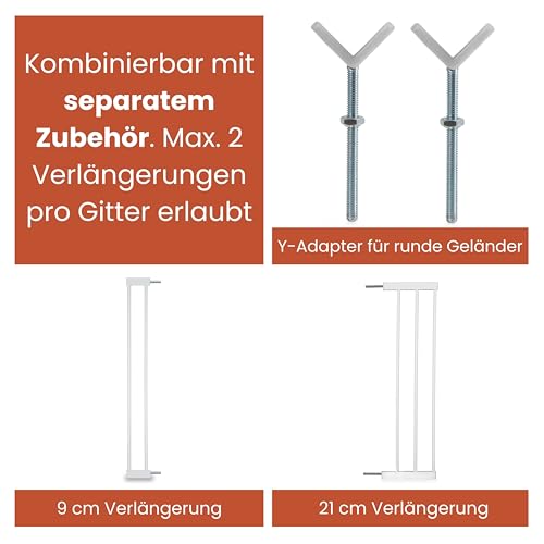 hauck Open N Stop 2, Weiß - Kinderschutzgitter Hundegitter, Verstellbare Breite 75-80 cm, 77 cm Hoch, Beidseitige Einhand Öffnung, ohne Bohren, für Innen