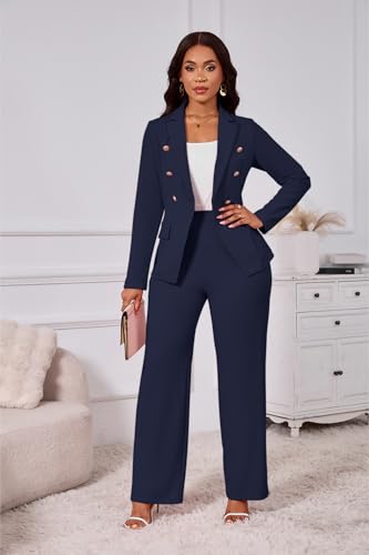 Two Piece Sets for Women Blazer Double Breasted Long Sleeve Jacket Wide Leg Pants Suits Set Business Casual Outfits, Navy Blue, XL - Image 3