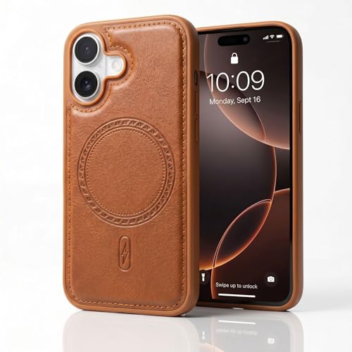 Image of amazon basics Premium PU Leather Case for iPhone 16, MagSafe Compatible Magnetic Ring, Sleek Protective Back Cover - [Tan]