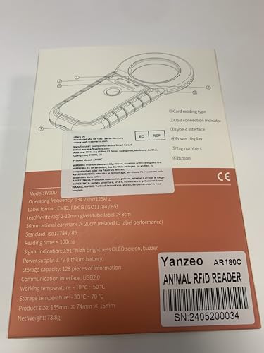 Yanzeo Leitor de microchip para animais de estimação 134,2 KHz, FDX-B, EMID