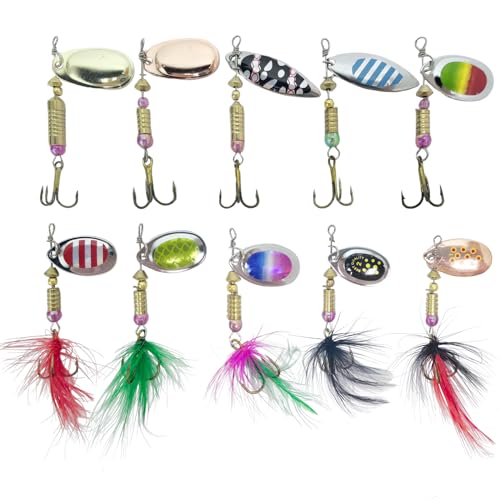 Fishing Spinners Lures C Spoon Sea Trout Salmon Pike Box Perch Flying Set 10 Pack Case Box Bucktail Tackle Feather Tail Bass Carp Pollock Mackerel Spoon Yellow Red Silver Gold (10 Pack (SK0829))