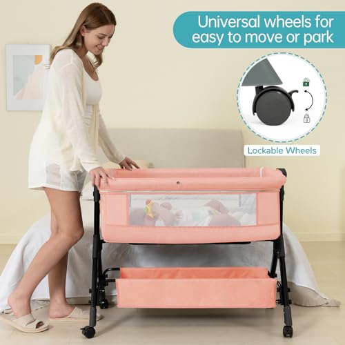 Image of BCOL Baby Bassinet Sleeper, Adjustable Baby Crib, Rocking Bassinets Bedside Sleeper, Easy to Fold Portable Crib Side Bassinet with Breathable Mesh and Wheels (Pink)