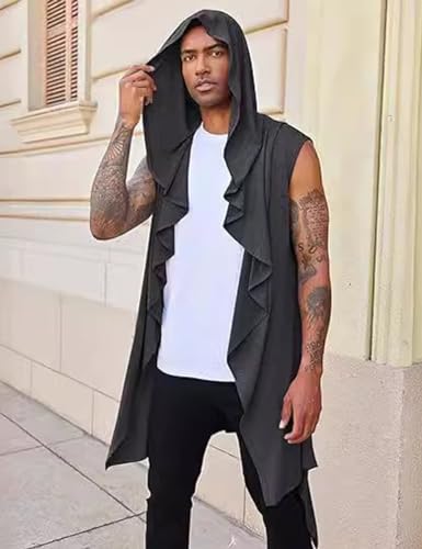Men's Hooded Cardigan Ruffle Shawl Collar Open Front Lightweight Knit Drape Cloak3