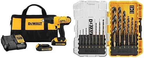 Bundle of DEWALT 20V Max Cordless Drill/Driver Kit, 2 Batteries and Charger Included (DCD771C2) + DEWALT Drill Bit Set, 3-Flats Shank,14-Piece, 135 Degree Split Point (DWA1184)