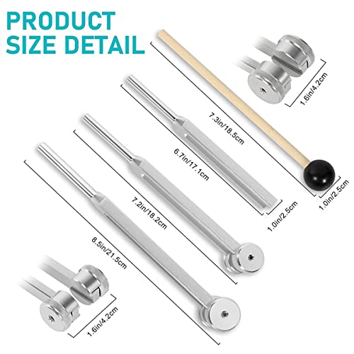 Erpmlyo Stimmgabel (128 Hz, 256 Hz, 512 Hz) mit Hammer für Vibrationswerkzeug mit Basis, silberfarben, 4 Stück