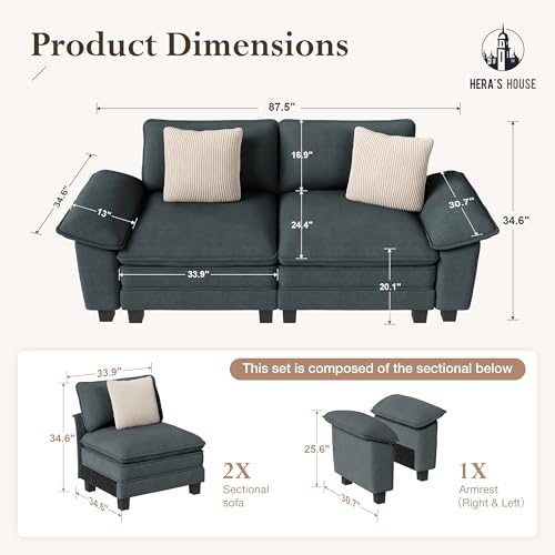 Image of HERA'S HOUSE 88 inch Oversized Modular Sectional Loveseat Sofa,Chenille Blue | Loveseat Living Room Couches, Wider Armrest and Deep Seat, Comfy Cloud Couch with Ottoman, Wood Sturdy Frame