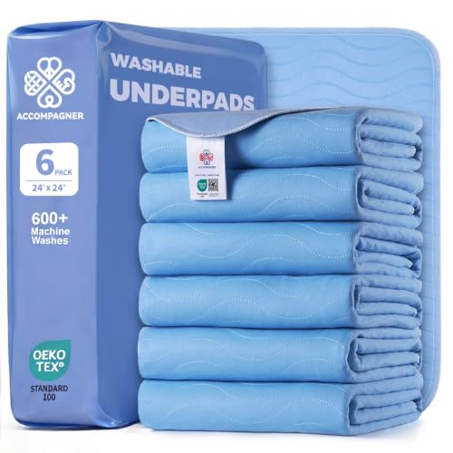 Image of Accompagner Incontinence Bed Pads Washable Waterproof, Ultra-Absorbent Reusable Underpads for Diaper Changing, Nursing, Bedridden, Adults, Seniors, Kids and Dogs (Blue, 24 inchx24 inch(Pack of 6))