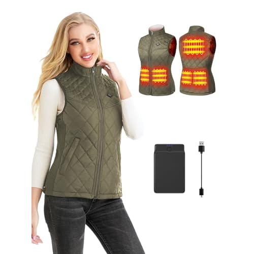 Kintiwe Heated Vest for Women,Heated Gilet with 12000mAh Battery Pack,Lightweight Thermal Body Warmer, Slim Fit Electric Rechargeable Heated Jacket XL Green