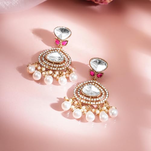 Image of Rubans Long Dangler Earrings Kundan & Pearl Ethnic Jewellery Gift for Women & Girls
